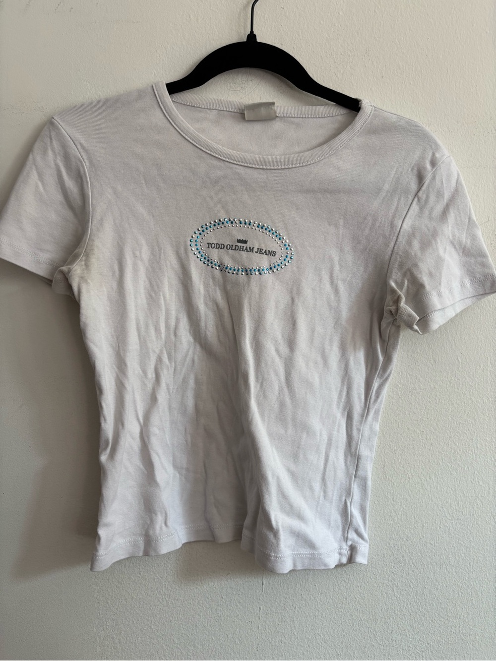 Todd Oldham White Crewneck baby tee with silver and blue rhinestone details